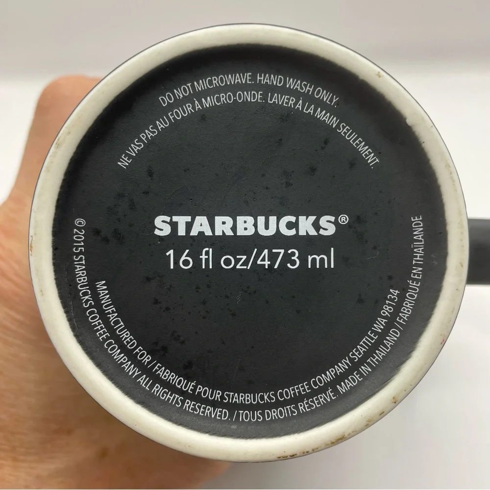 Starbucks 2015 Black with White/Gold Globe Grande Ceramic Coffee Mug (16oz)